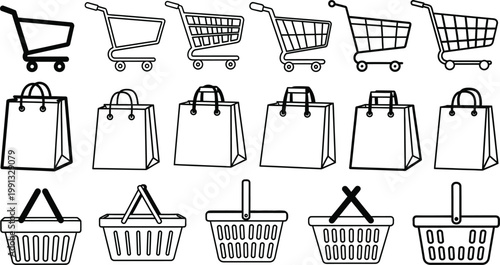 Shopping baskets bags collection editable stroke vector illustration for retail groceries and e commerce designs