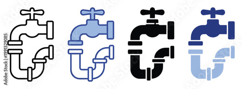 Water tap and pipe plumbing system icons for water supply, drainage, and household service applications