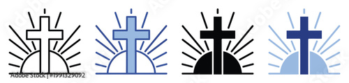 Christian cross symbol with radiant sun rays emerging from horizon representing spiritual hope and new beginnings