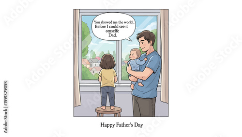 Father's Day Reflection: A tender moment unfolds as a father and his children share a serene observation of the outside world, creating a cherished memory.