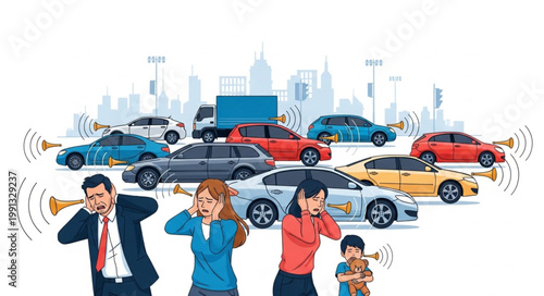 People covering ears from loud city traffic noise pollution illustration.