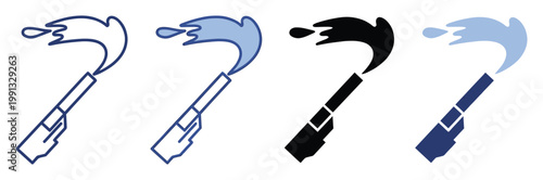 Four varied graphic representations of a toy water gun squirting liquid, useful for summer recreation apps, playful marketing, and digital interface elements.