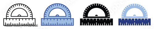 Simple educational measurement tool icon set featuring protractor and ruler for school supplies and mathematics concepts