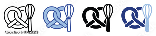 Pretzel and whisk kitchen tools icon set for culinary applications and bakery branding projects