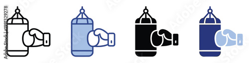 Boxing bag and glove icon set symbolizing fitness training and combat sports for web and app interfaces