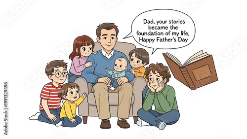 Father's Day Dedication: An illustrated scene of a father surrounded by his children, a heart-warming display of paternal love and appreciation.