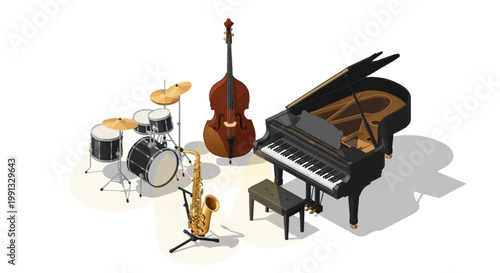 Isometric illustration showcasing musical instruments including a saxophone, drums, piano, and bass against a clean white backdrop, representing International Jazz Day with vibrant colors