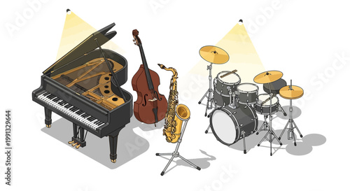 Isometric illustration showcases a jazz quartet with piano, bass, saxophone, and drums under spotlights against a white backdrop, celebrating International Jazz Day with a focus on musical