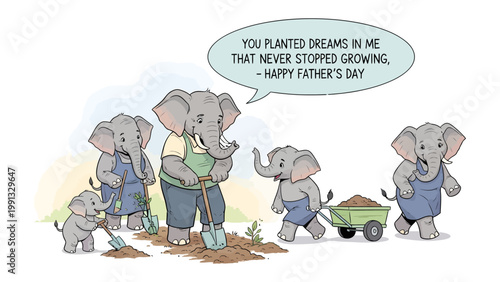 Elephant Family Planting Dreams: An animated elephant family celebrates Father's Day by planting seeds of dreams, creating a touching illustration of love, growth, and paternal care.