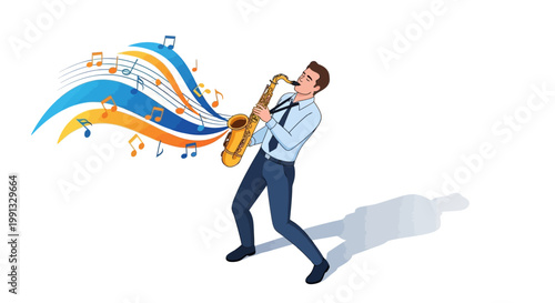 Isometric vector illustration depicting a man in a blue suit playing a golden saxophone with musical notes and colorful waves emanating from the instrument against a clean white background
