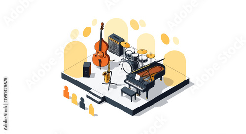 A stylized illustration celebrates International Jazz Day, showcasing a full band setup with a piano, drums, and upright bass on a stage, rendered in a flat, isometric perspective