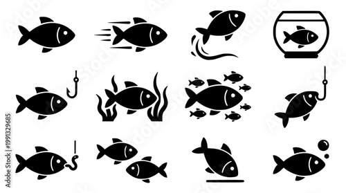 Black and white vector fish icons in various swimming positions