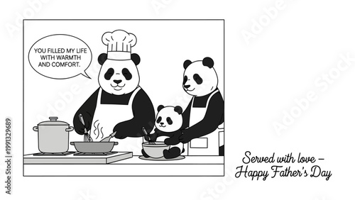Panda Father's Day Cartoon: A heartwarming cartoon illustration depicting a panda family enjoying a loving Father's Day celebration, highlighting the themes of warmth and comfort.