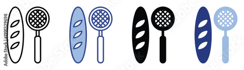 Various styles of baguette and kitchen skimmer icons useful for cooking, baking, and food industry projects
