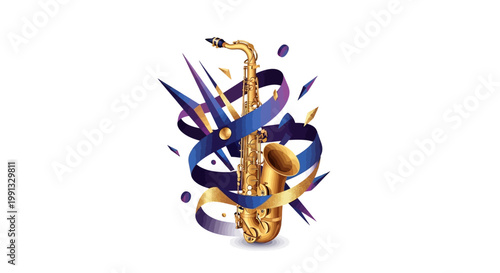 Celebratory illustration for International Jazz Day featuring a golden saxophone encircled by dynamic purple and gold ribbons, set against a clean white background with a festive