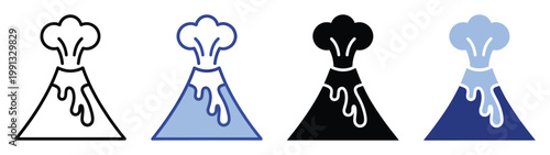 Volcano eruption icon set depicting smoke and flowing lava ideal for nature exploration applications and digital products