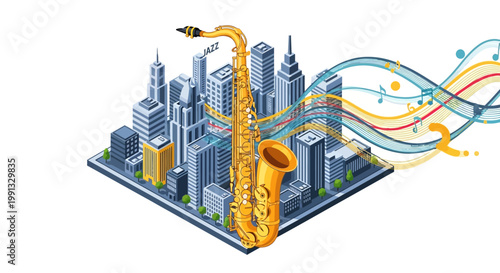 A golden saxophone stands tall against a miniature isometric cityscape, celebrating International Jazz Day with vibrant, swirling sound waves emanating in a colorful, energetic composition