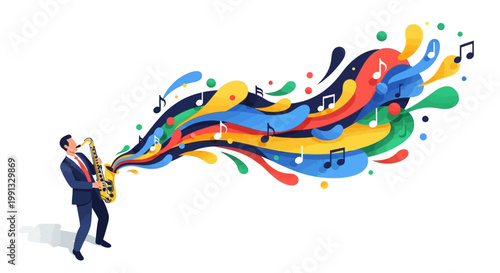 A suited musician plays saxophone, emanating vibrant, colorful swirls and music notes in celebration of International Jazz Day, set against a clean white backdrop with a dynamic and festive
