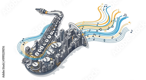 Stylized illustration of a saxophone constructed with urban buildings, emitting musical notes and flowing lines against a clean white background, creating a whimsical and artistic design