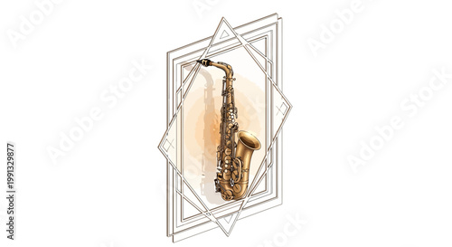 An illustration depicts a golden saxophone encased in an art deco-style geometric frame against a clean white background, creating a vintage and elegant musical atmosphere with a slightly