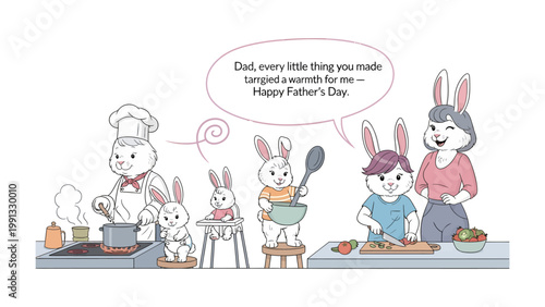 Rabbit Family Celebrating Father's Day: A heart-warming illustration of a rabbit family gathered in the kitchen on Father's Day. The father, a chef, cooks with his children.