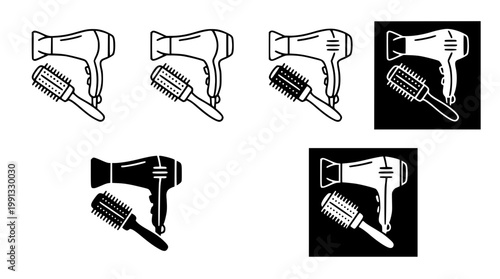 Hair dryer and brush vector graphic illustrations