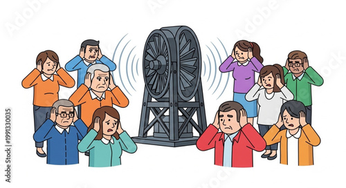 People covering ears from loud noise of industrial tower.