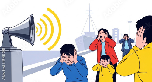 People covering ears from loud noise pollution from megaphone.