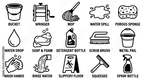 Vector graphic illustration of various cleaning tools and supplies icons