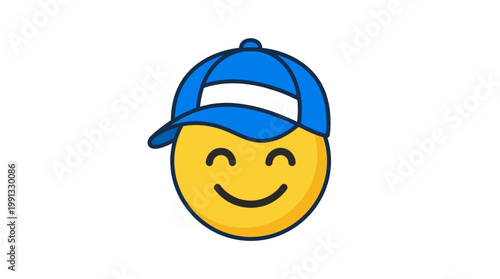 Smiling yellow face wearing blue cap.