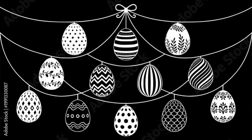 Easter eggs hanging on strings with various patterns design
