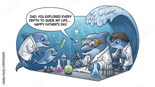 Father's Day Message: A heartwarming Father's Day scene features intelligent dolphins, each a scientist, sharing a message of love and gratitude.