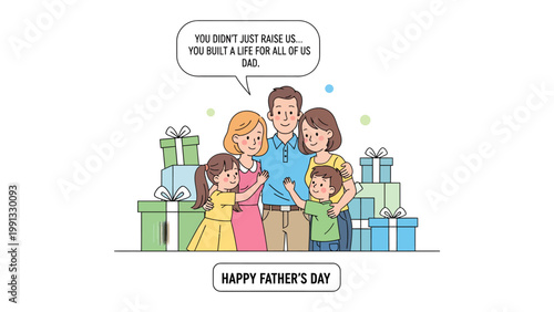 Warm Family Moment: A heartwarming illustration of a family gathered together on Father's Day, expressing love, gratitude, and appreciation for the paternal figure, surrounded by gift and blessings. 
