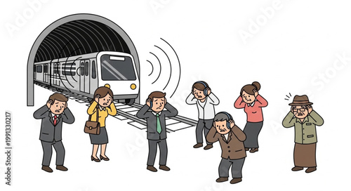 People covering ears from loud subway train noise.
