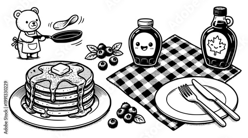 Adorable bear prepares pancakes with syrup and butter topping