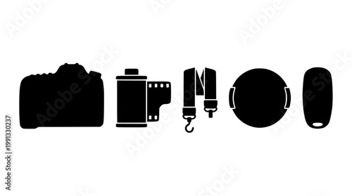 Vector graphic of various photography equipment in black silhouettes