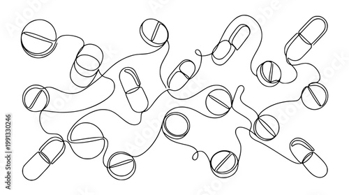 Vector illustration of various pills and capsules connected