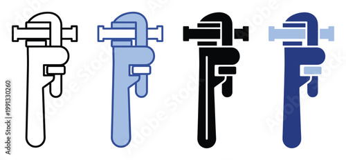 Pipe wrench tool symbols for plumbing and construction applications useful for graphic design and user interface elements.