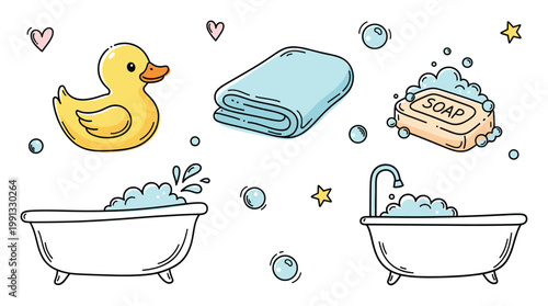 Playful set of bath time essentials featuring a rubber duck, soft towel, soap, and bubbly bathtubs for childrens care promotions
