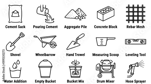 Construction tools and materials for concrete work illustrated