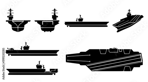 Various military ship designs in black silhouette vector graphics