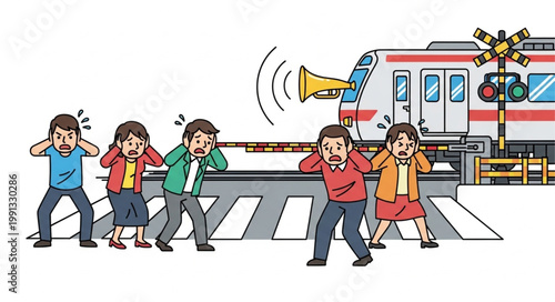 People covering ears from loud train horn at crossing.