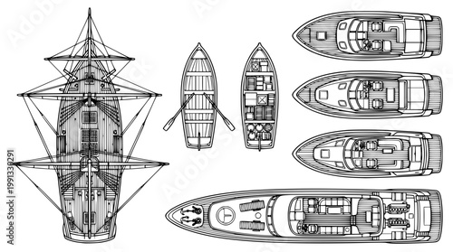 Various boat designs shown from top view perspectives