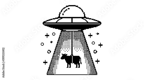 Vector graphic of UFO abducting a cow in a beam