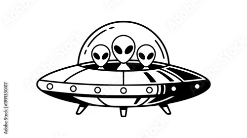 Three aliens in a flying saucer spaceship illustration