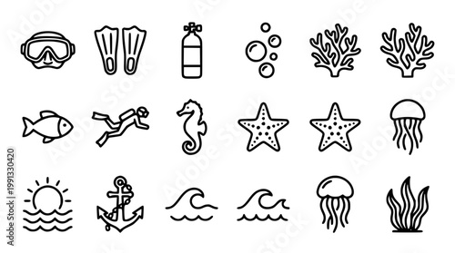 Oceanic vector icons featuring marine life and diving equipment