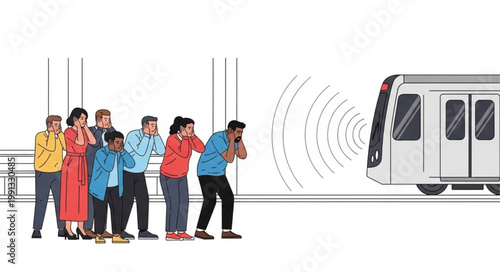 People covering ears from loud train noise on platform.
