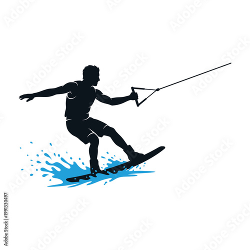Man water skiing on a board with rope