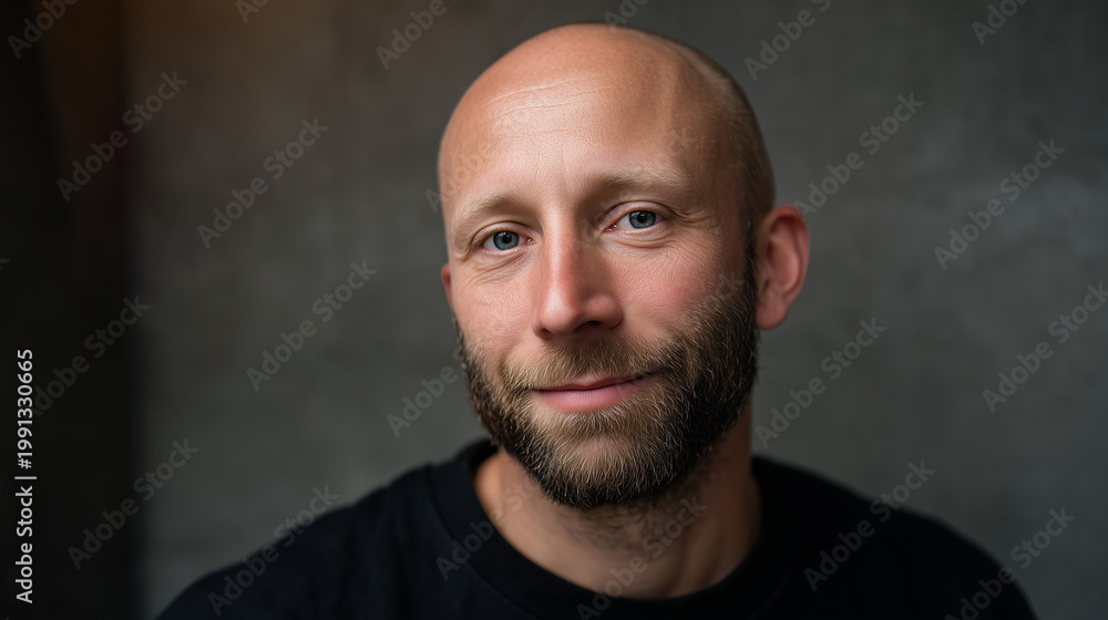 Fototapeta premium Thoughtful man with a beard, a warm smile and a shaved head, posing for a portrait against a dark background
