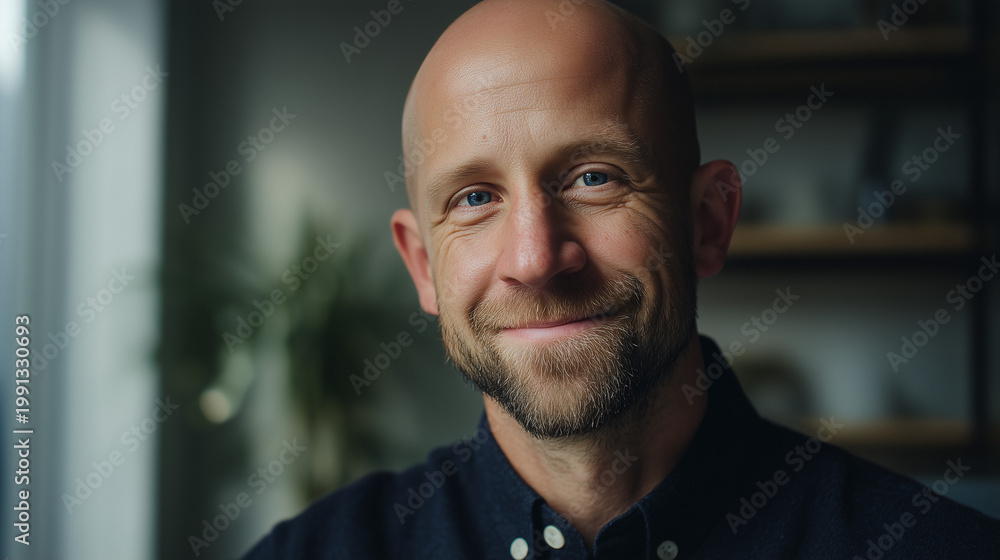 Naklejka premium Smiling man looking directly at the camera with a friendly expression, indoor portrait captures